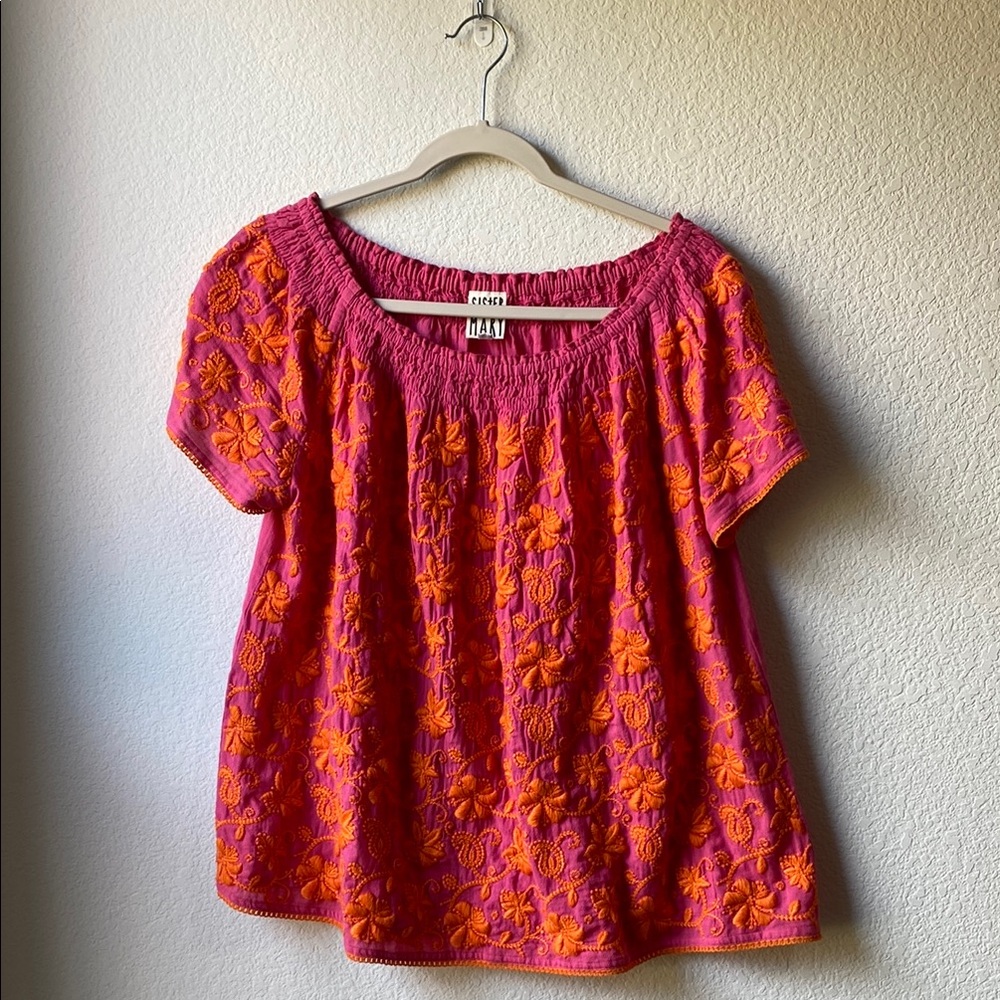 Sister Mary | Pink embroidered floral off the shoulder blouse